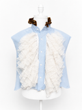 Blue Tuxedo Ruffle Shirt — Cream + Leopard