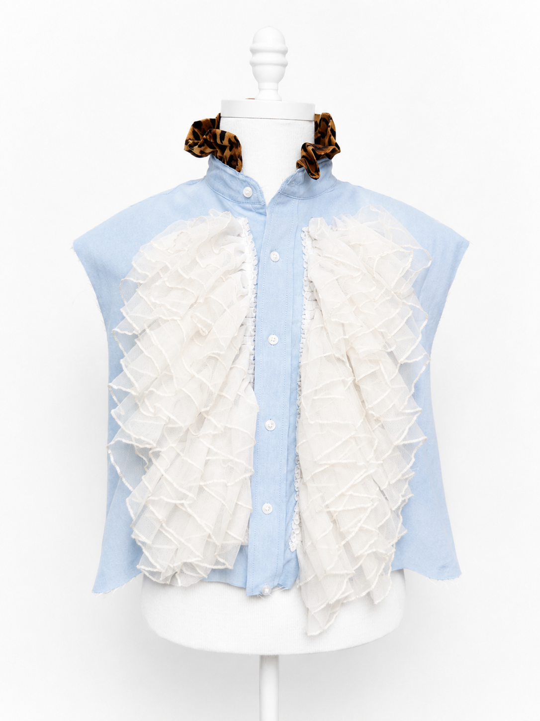 Blue Tuxedo Ruffle Shirt — Cream + Leopard