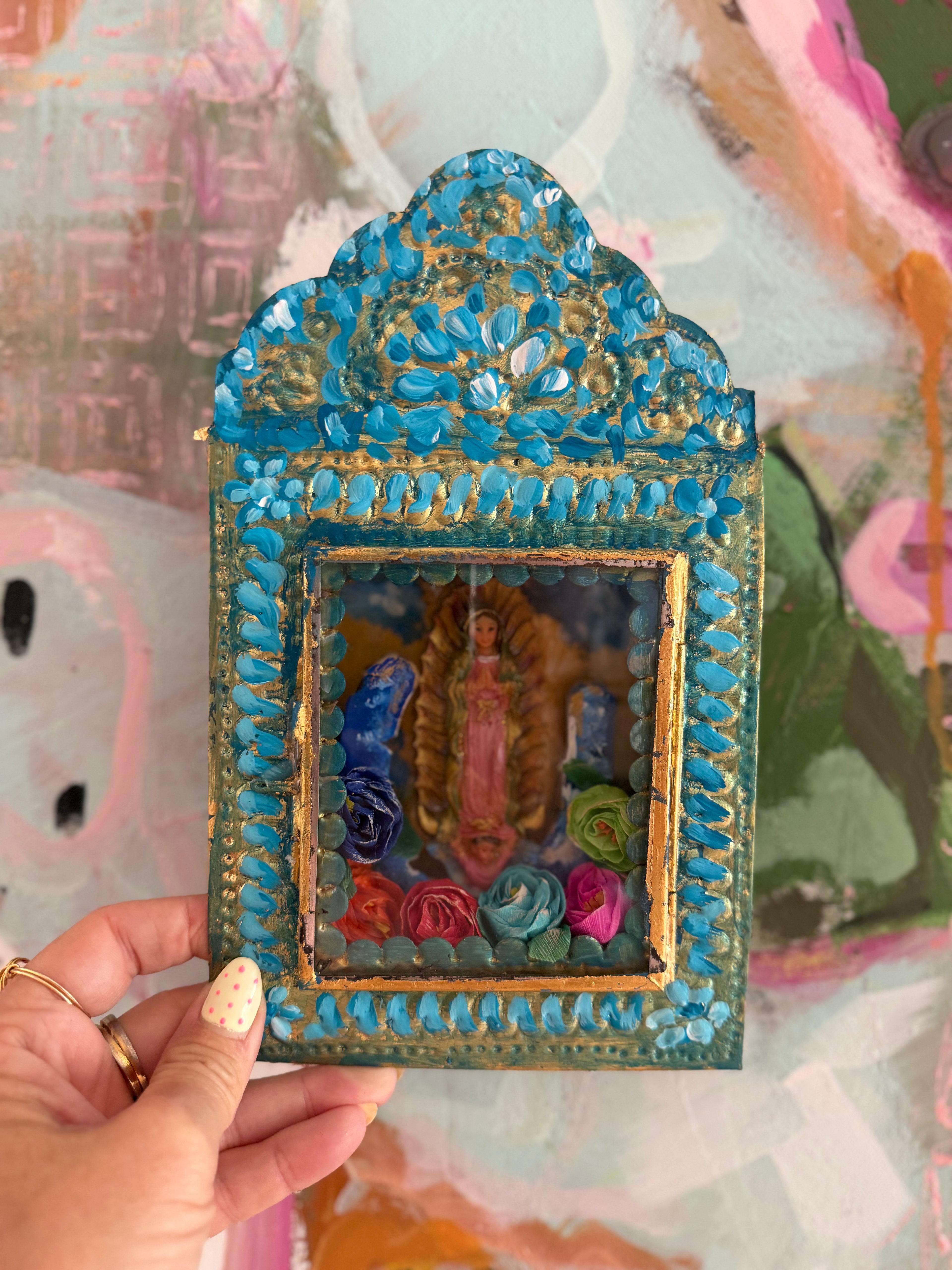 Turquoise Floral Guadalupe Nicho | Handmade Mexican Folk Art