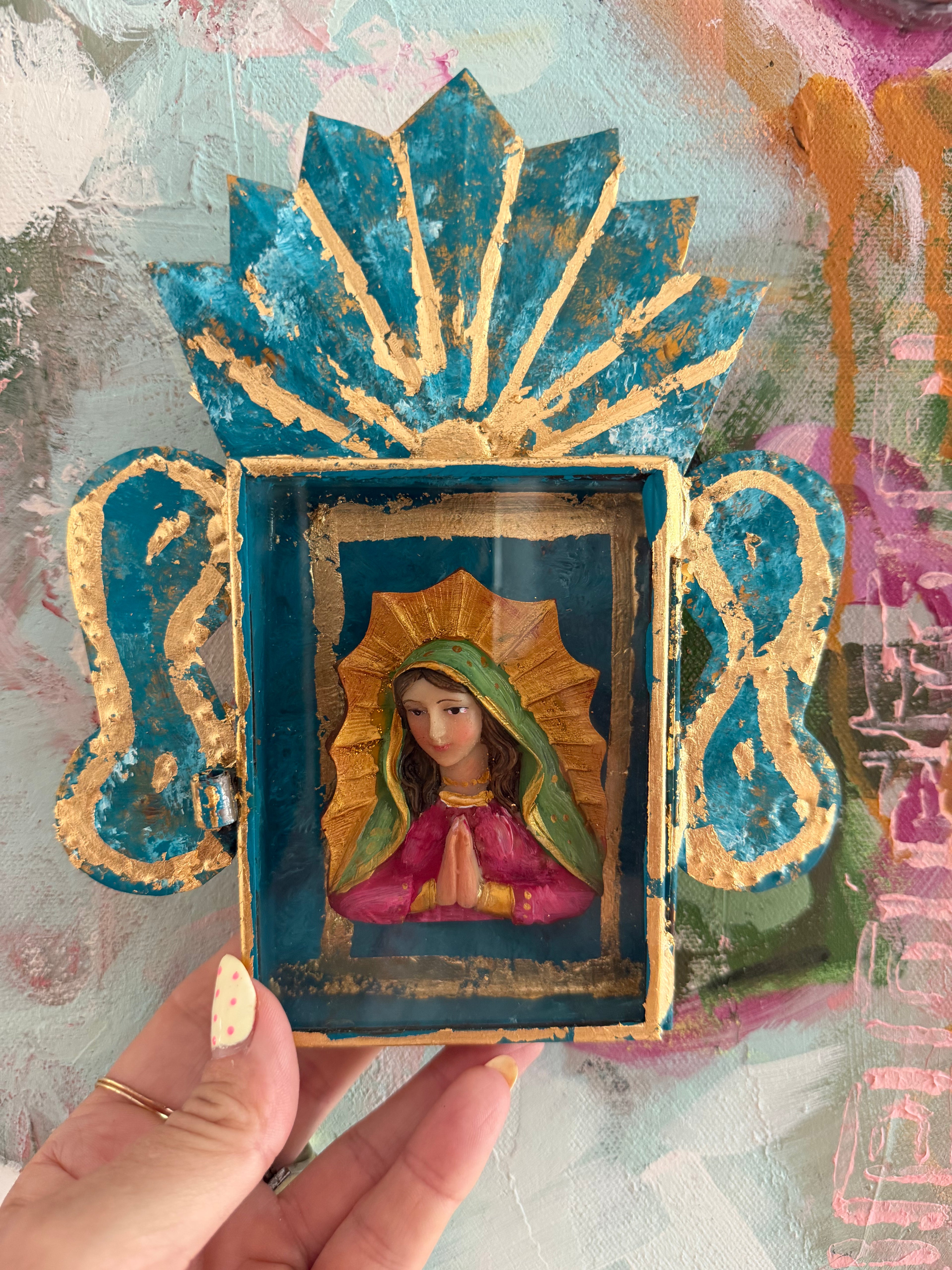 Turquoise & Gold Our Lady Nicho | Handmade Mexican Folk Art