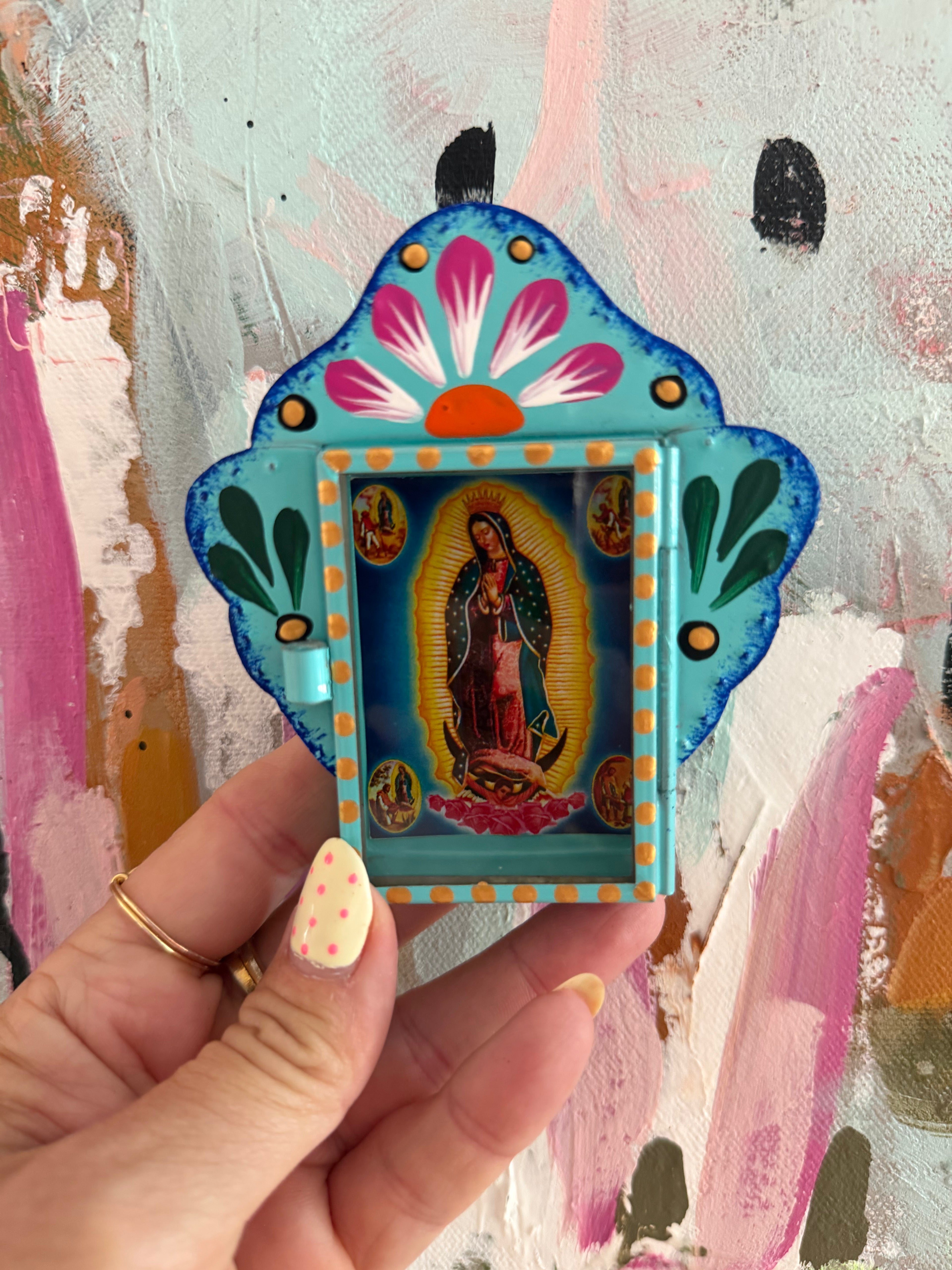 Mini Turquoise Our Lady of Guadalupe Nicho | Handmade Mexican Folk Art