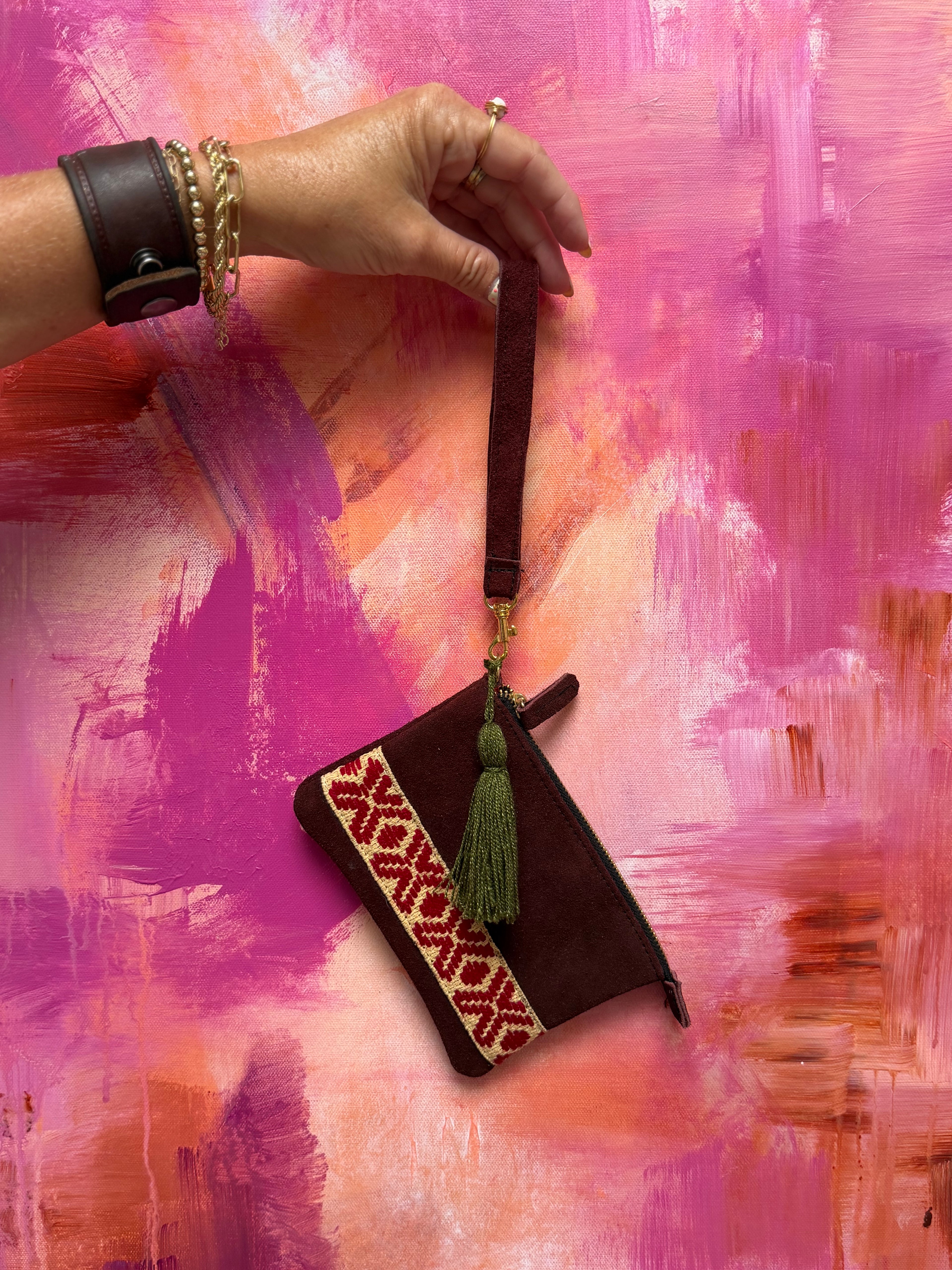 Handmade Embroidered Suede Wristlet — Burgundy