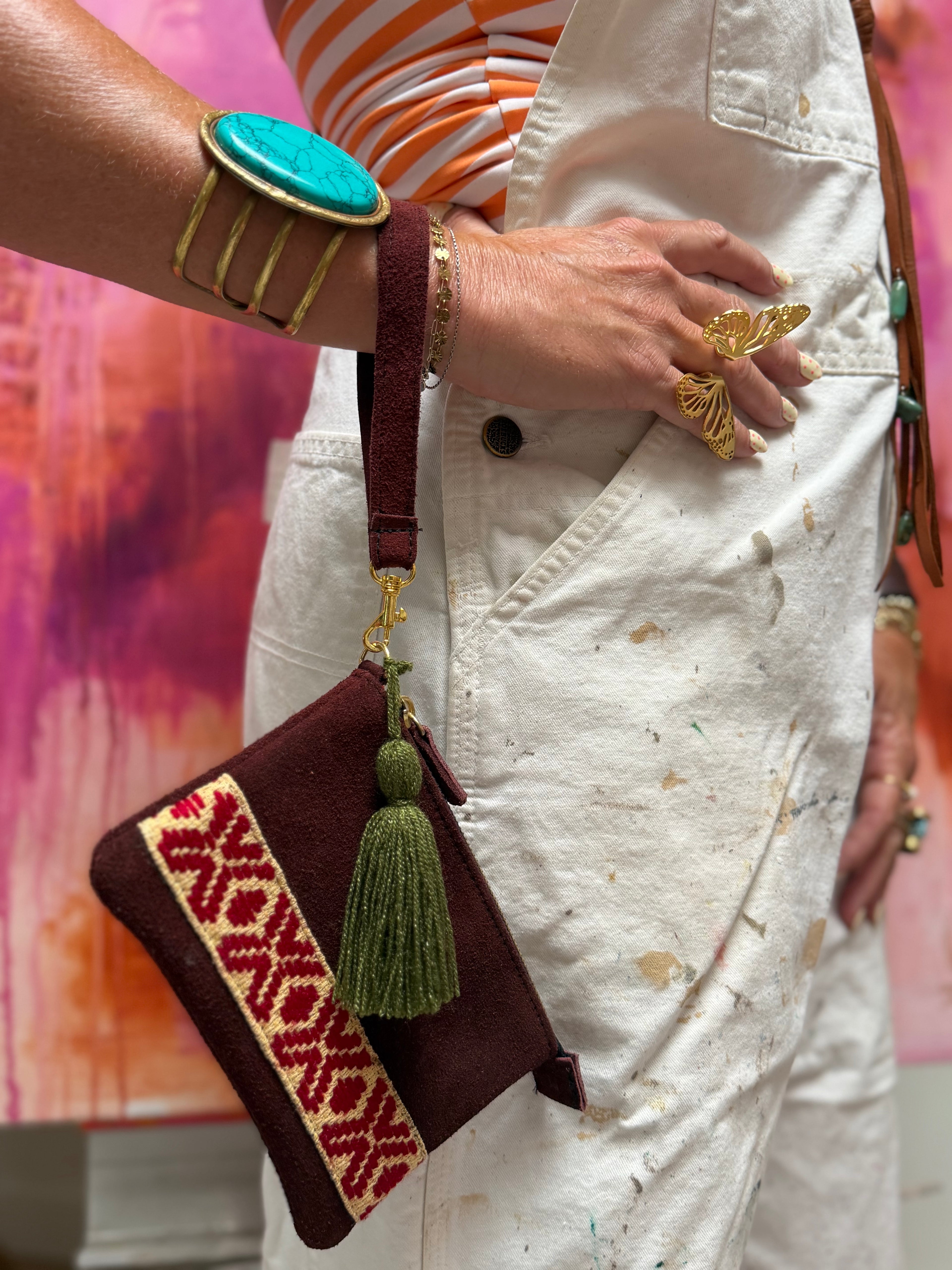 Handmade Embroidered Suede Wristlet — Burgundy