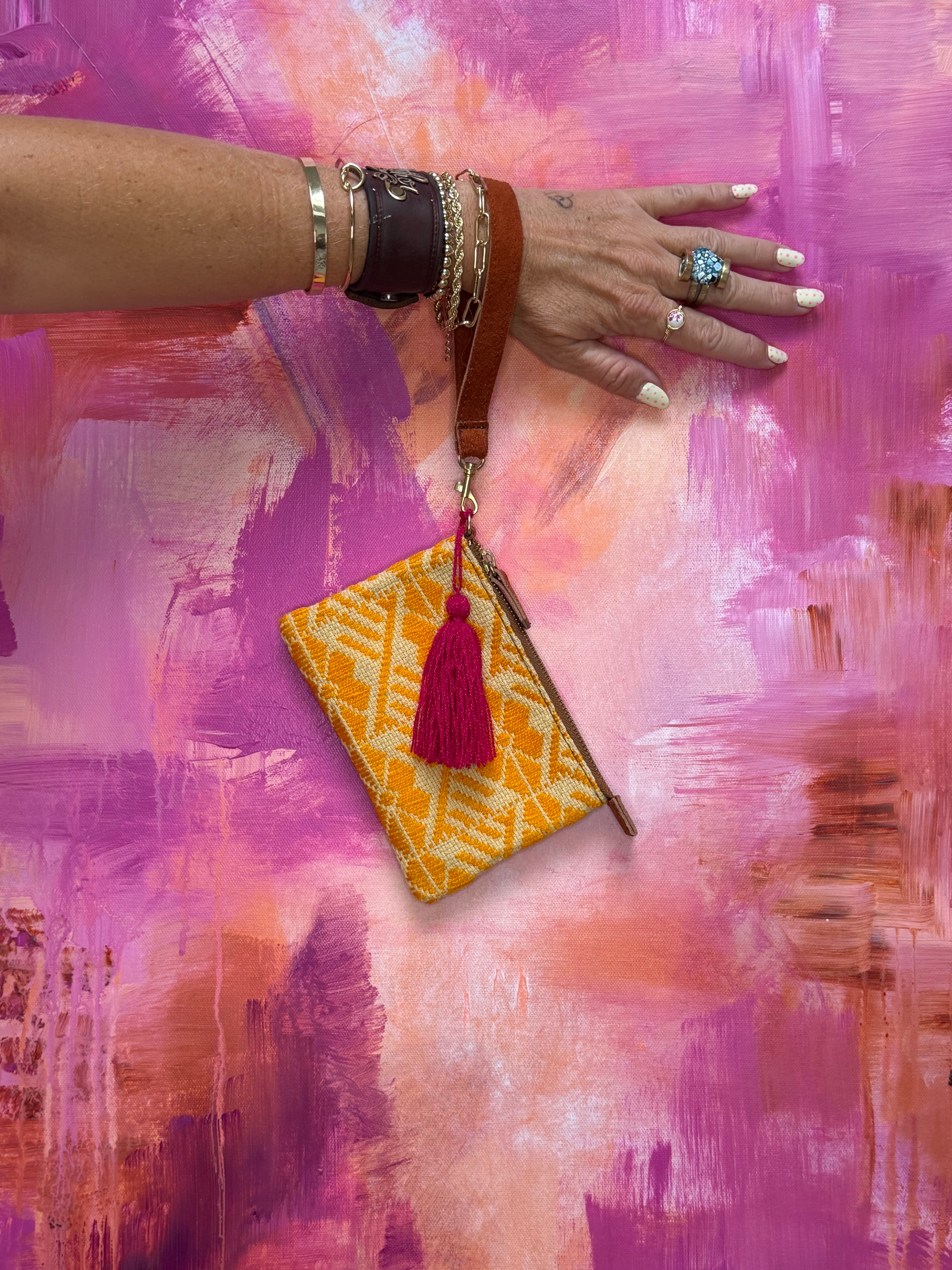 Handmade Embroidered Suede Wristlet — Marigold & Fuchsia