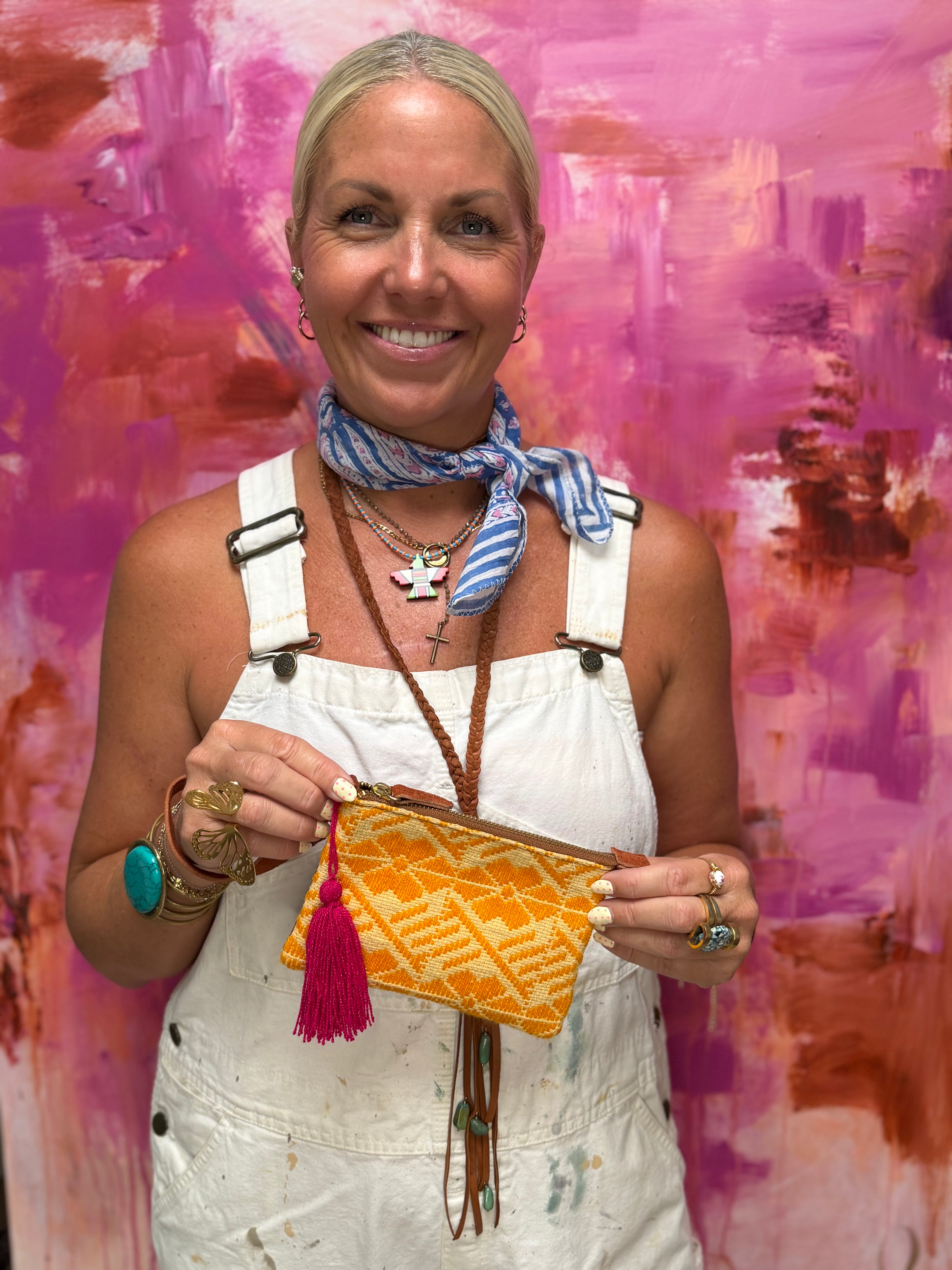 Handmade Embroidered Suede Wristlet — Marigold & Fuchsia