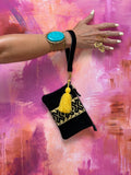 Handmade Embroidered Suede Wristlet — Black & Golden Yellow