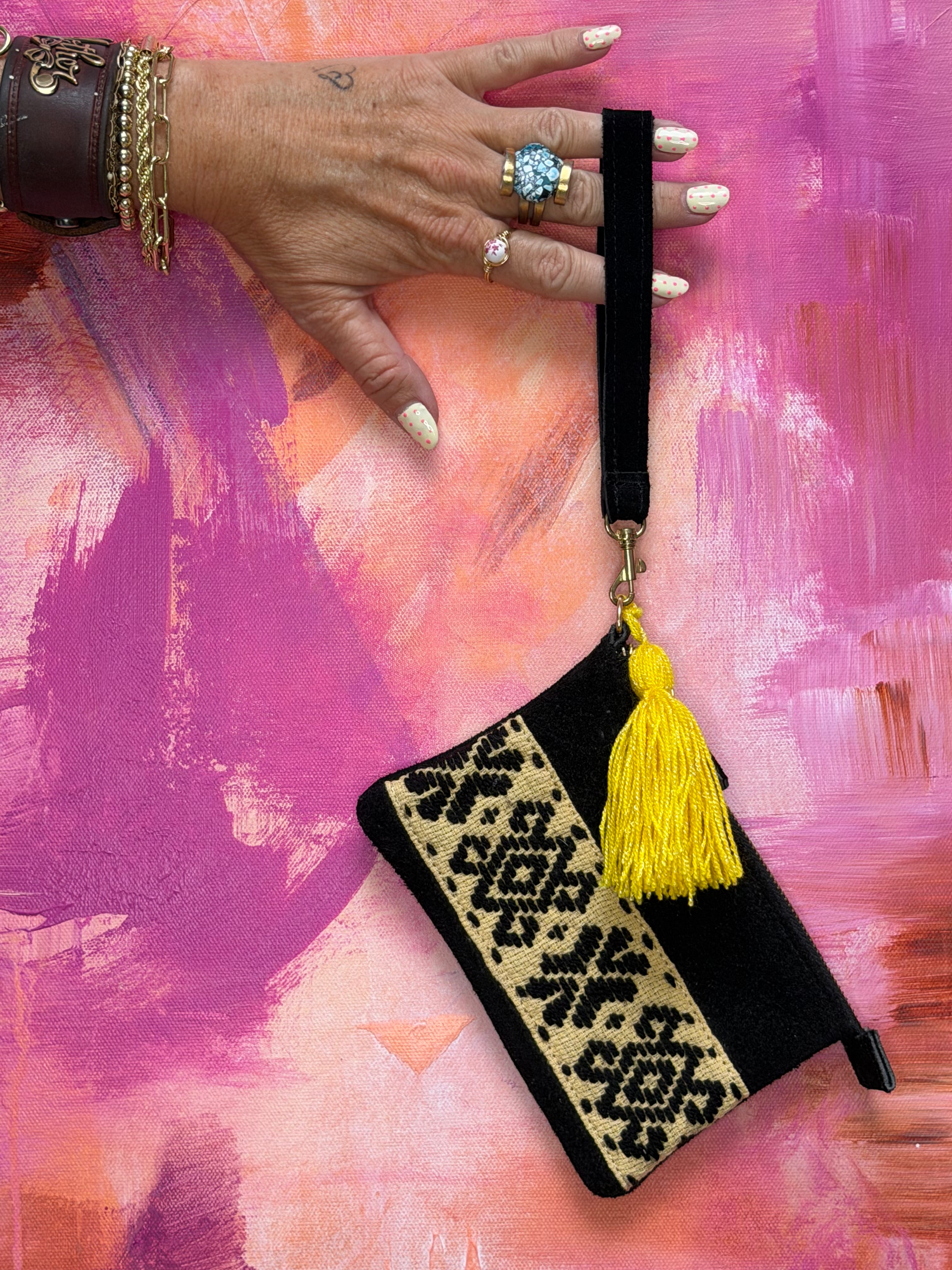 Handmade Embroidered Suede Wristlet — Black & Sunshine Yellow