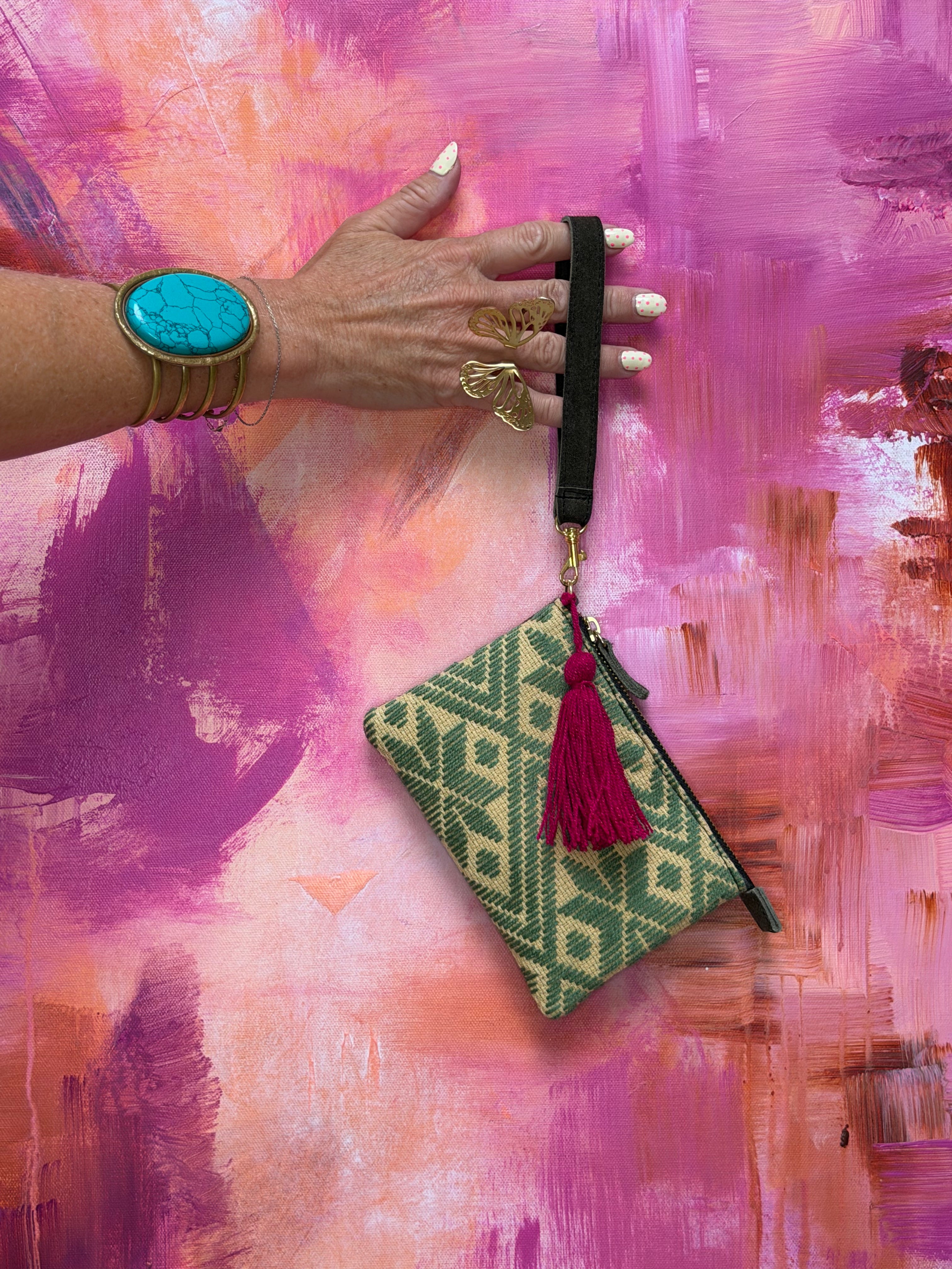 Handmade Embroidered Suede Wristlet — Sage Green & Fuchsia