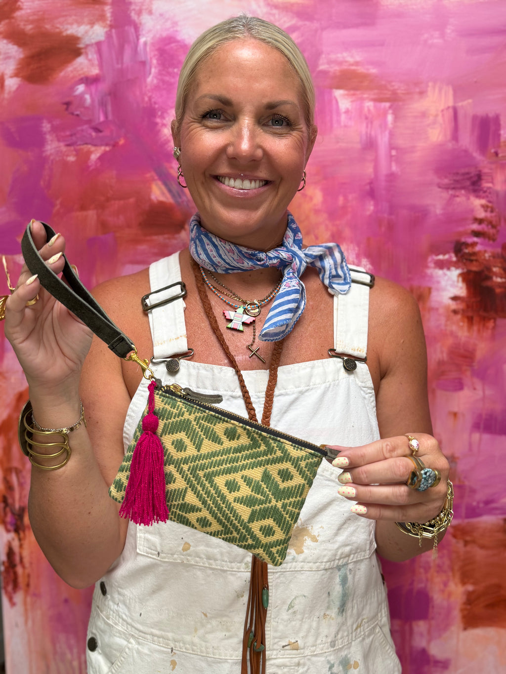 Handmade Embroidered Suede Wristlet — Sage Green & Fuchsia