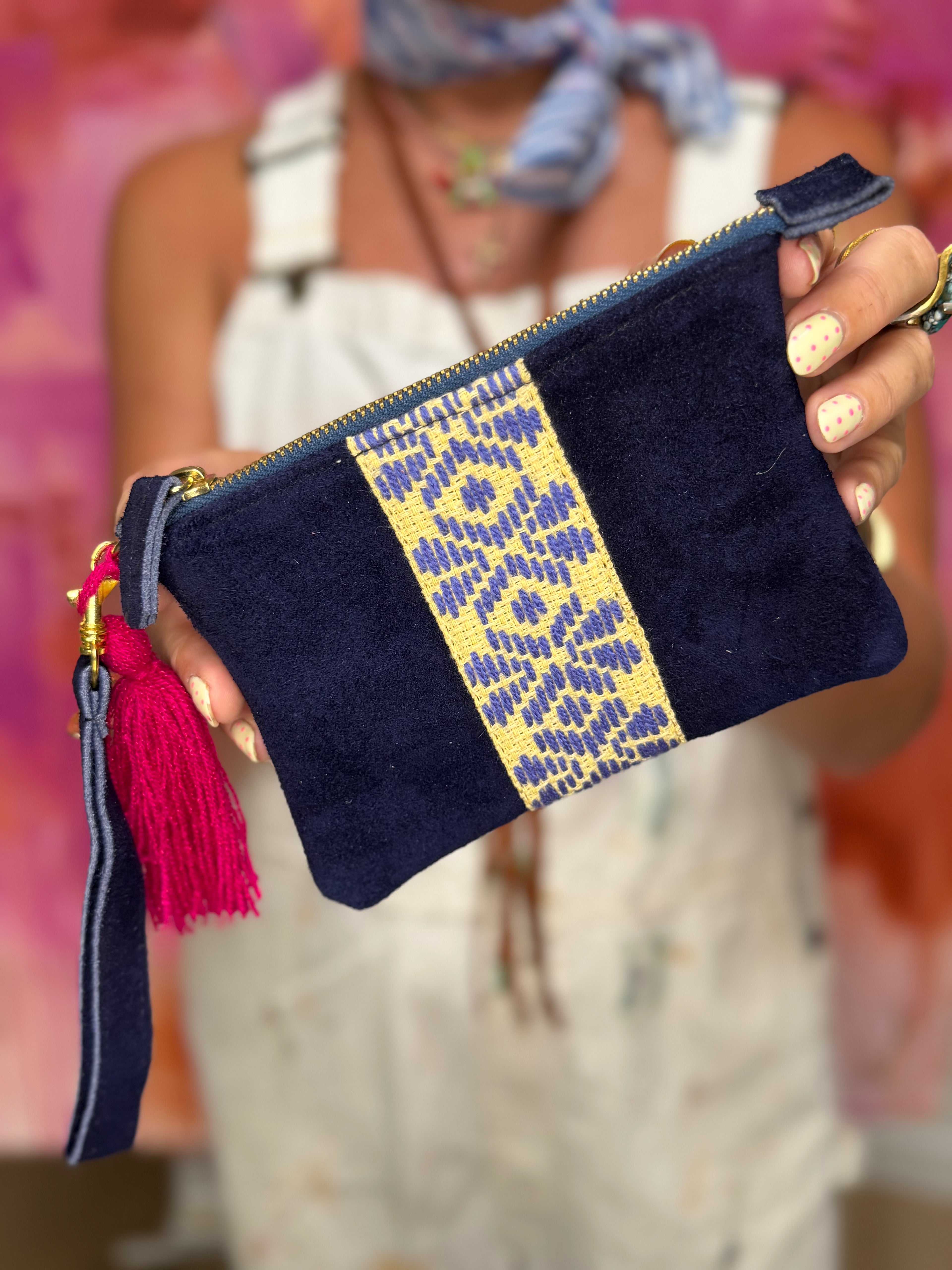 Handmade Embroidered Suede Wristlet — Navy, Periwinkle & Fuchsia