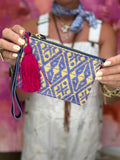 Handmade Embroidered Suede Wristlet — Periwinkle & Fuchsia