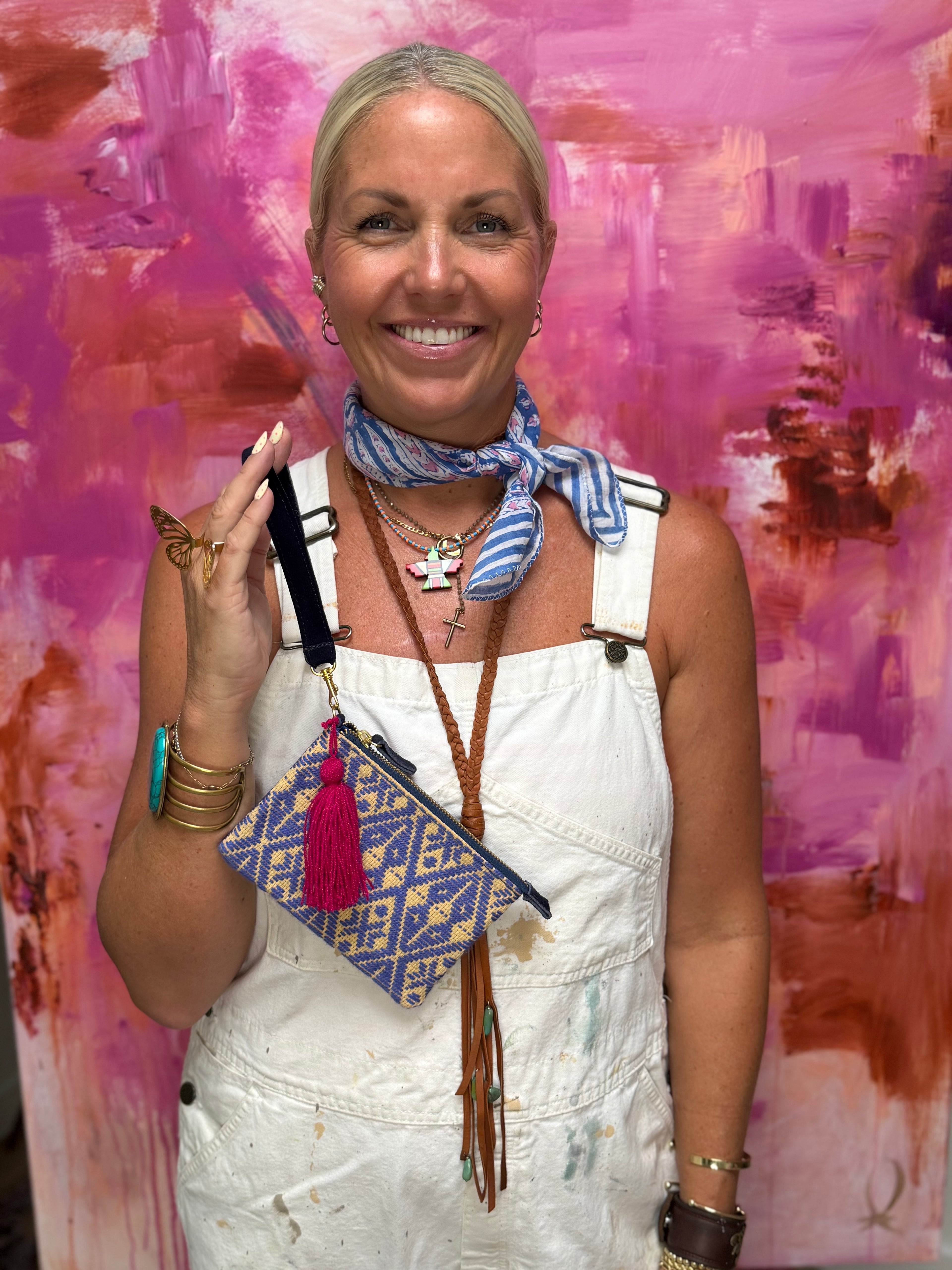 Handmade Embroidered Suede Wristlet — Periwinkle & Fuchsia