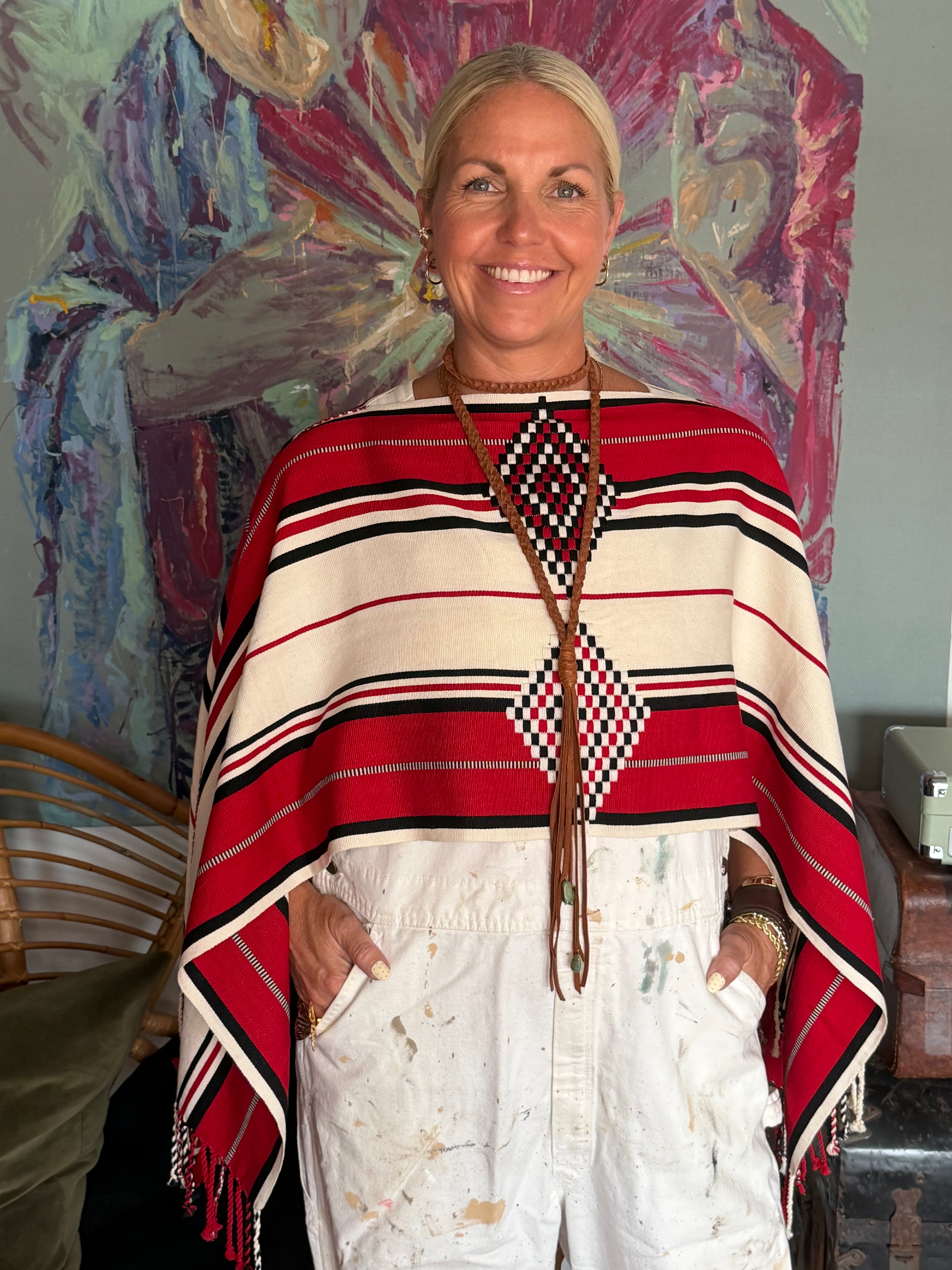 Handwoven Striped Poncho | Red, Black & Cream