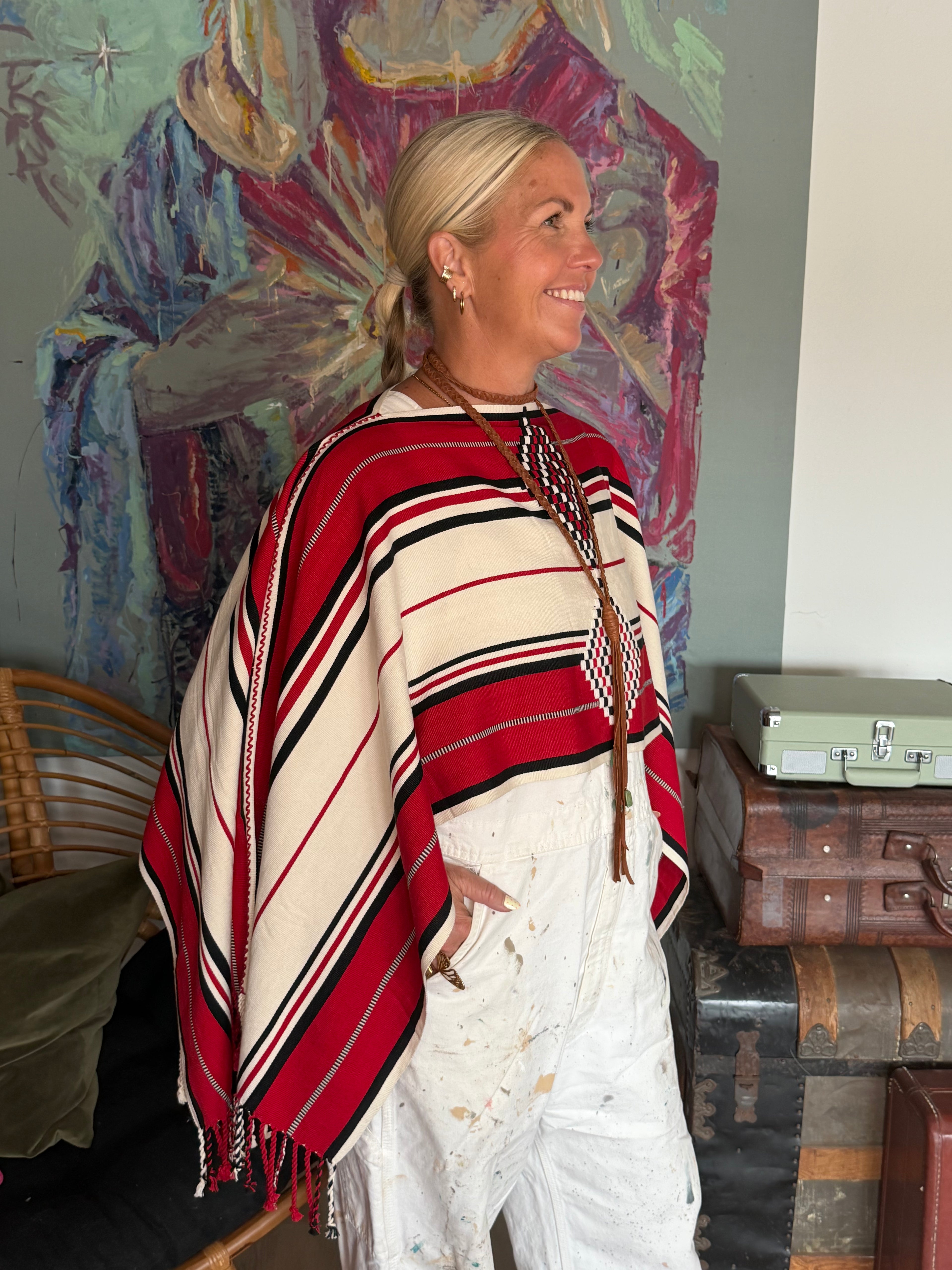 Handwoven Striped Poncho | Red, Black & Cream