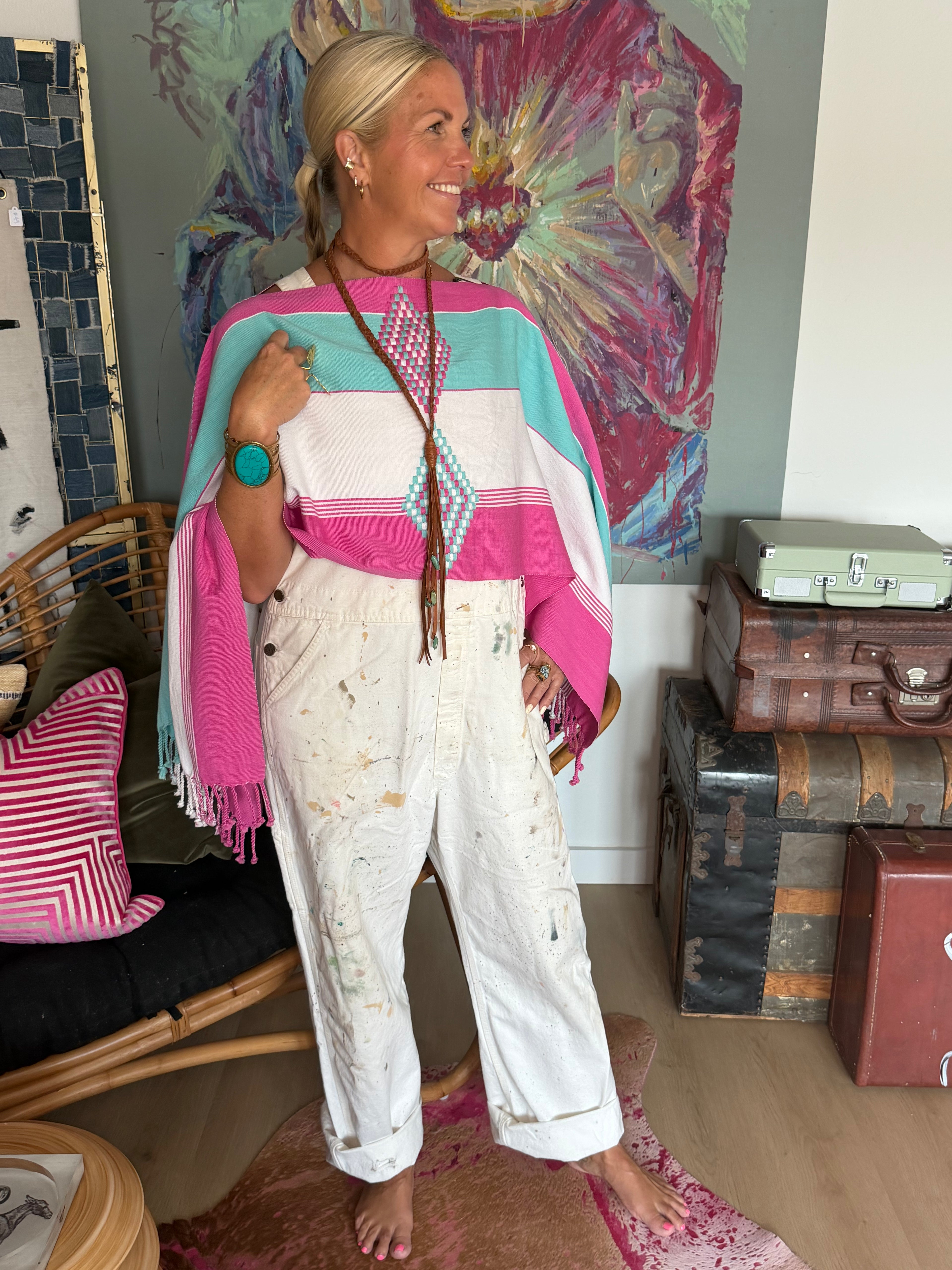 Handwoven Striped Poncho | Pink, Turquoise & White