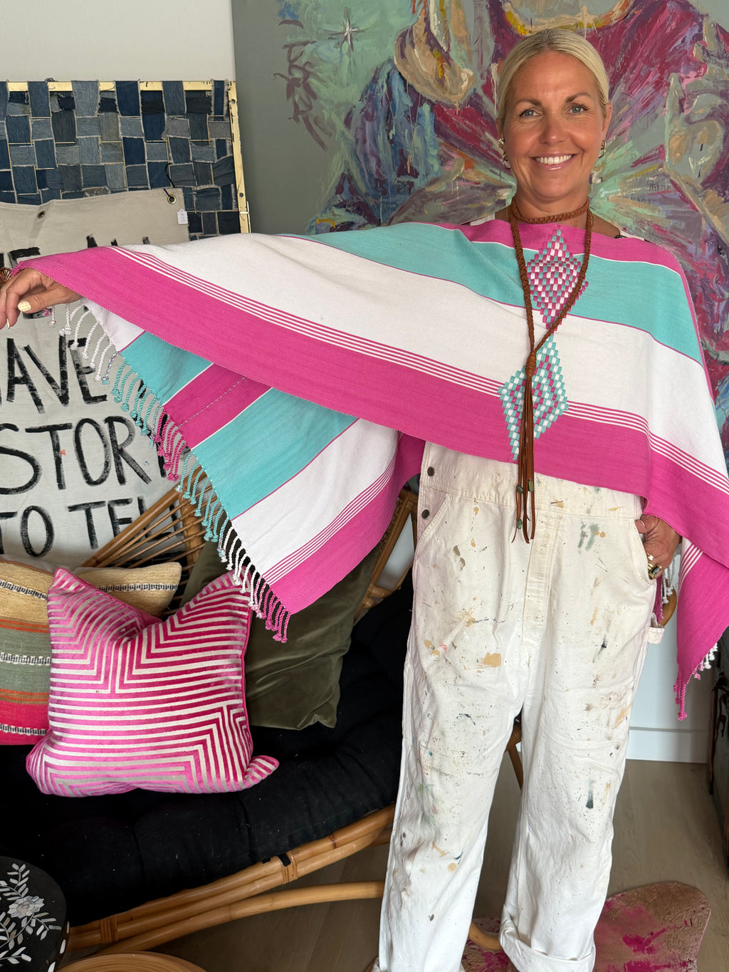 Handwoven Striped Poncho | Pink, Turquoise & White