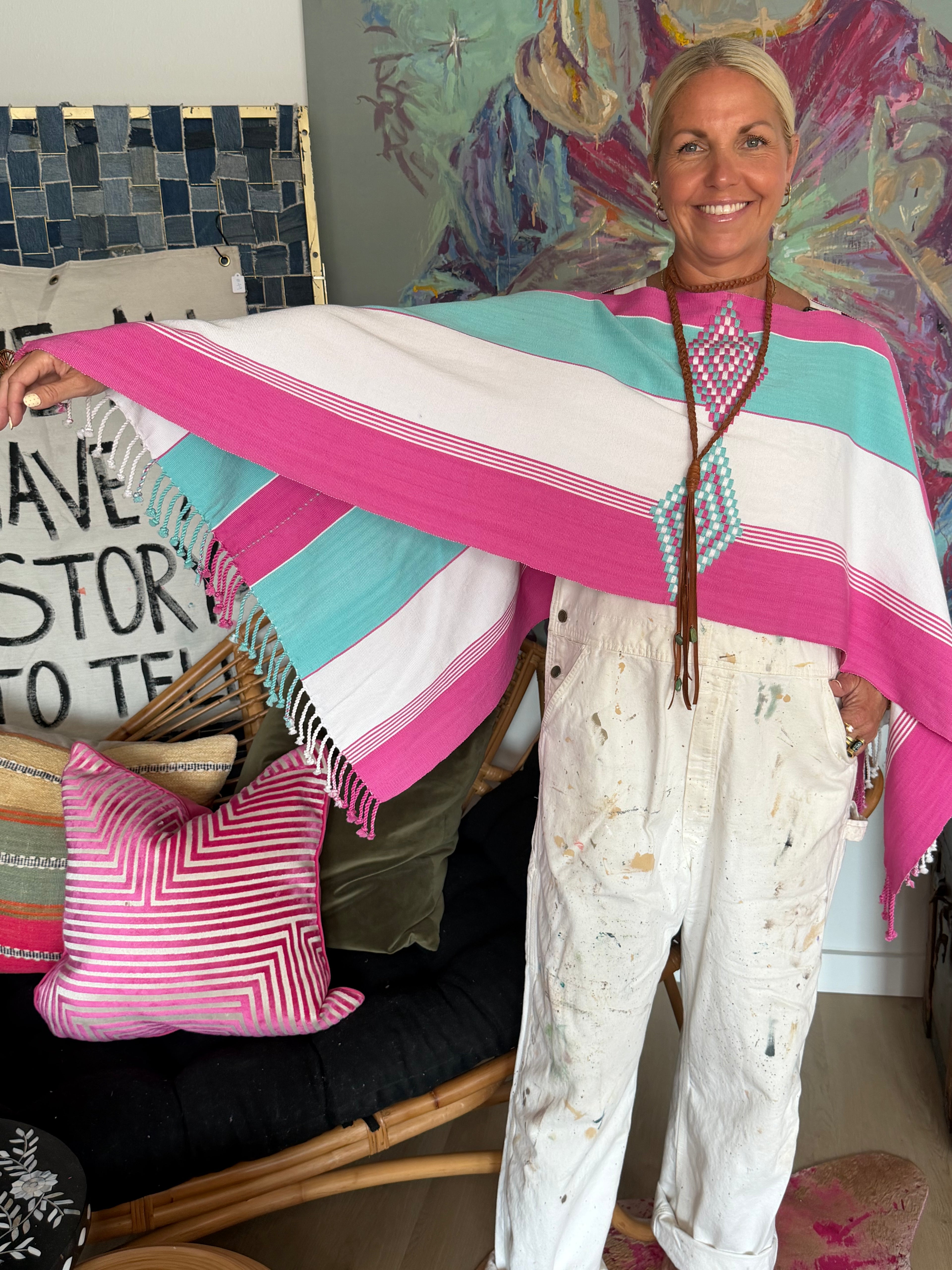 Handwoven Striped Poncho | Pink, Turquoise & White