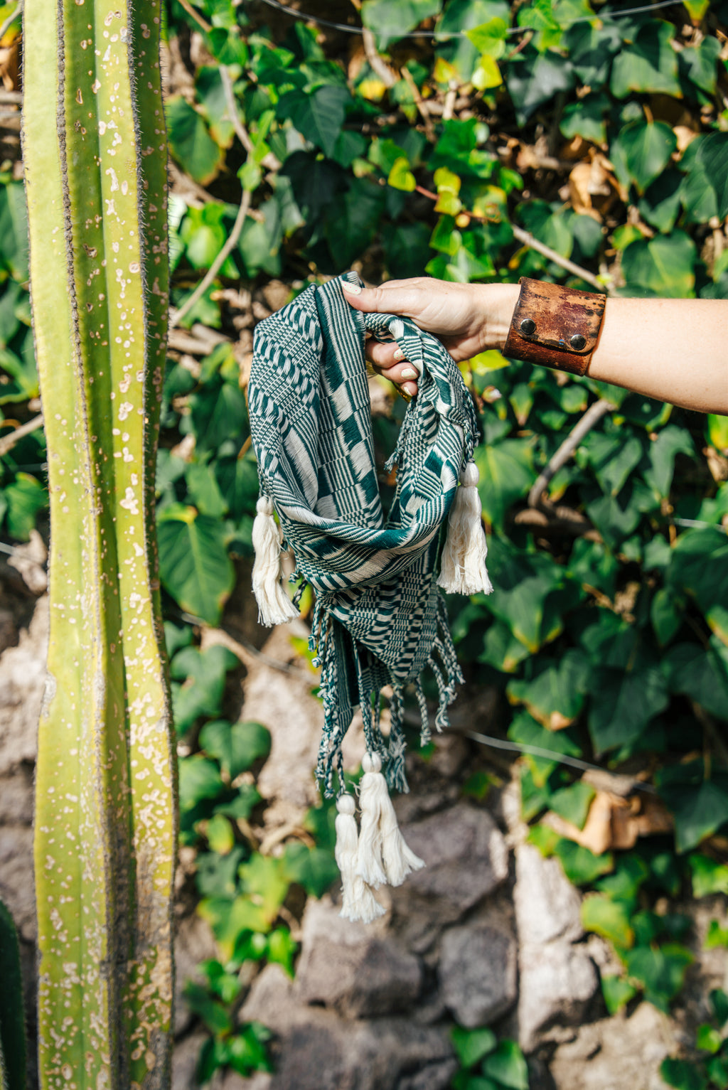 Handwoven Artisan Scarf | Forest Green & Ivory