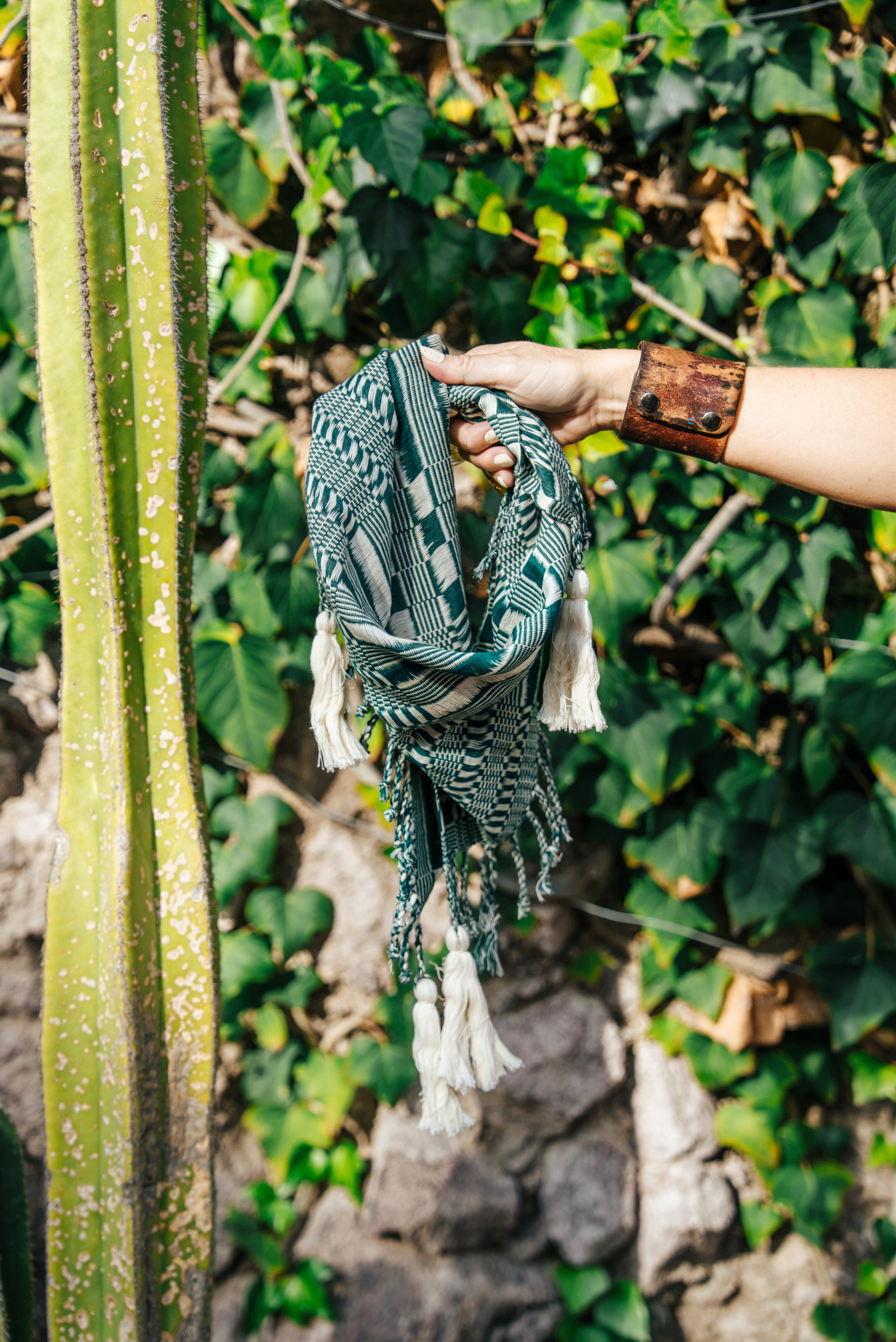 Handwoven Artisan Scarf | Forest Green & Ivory