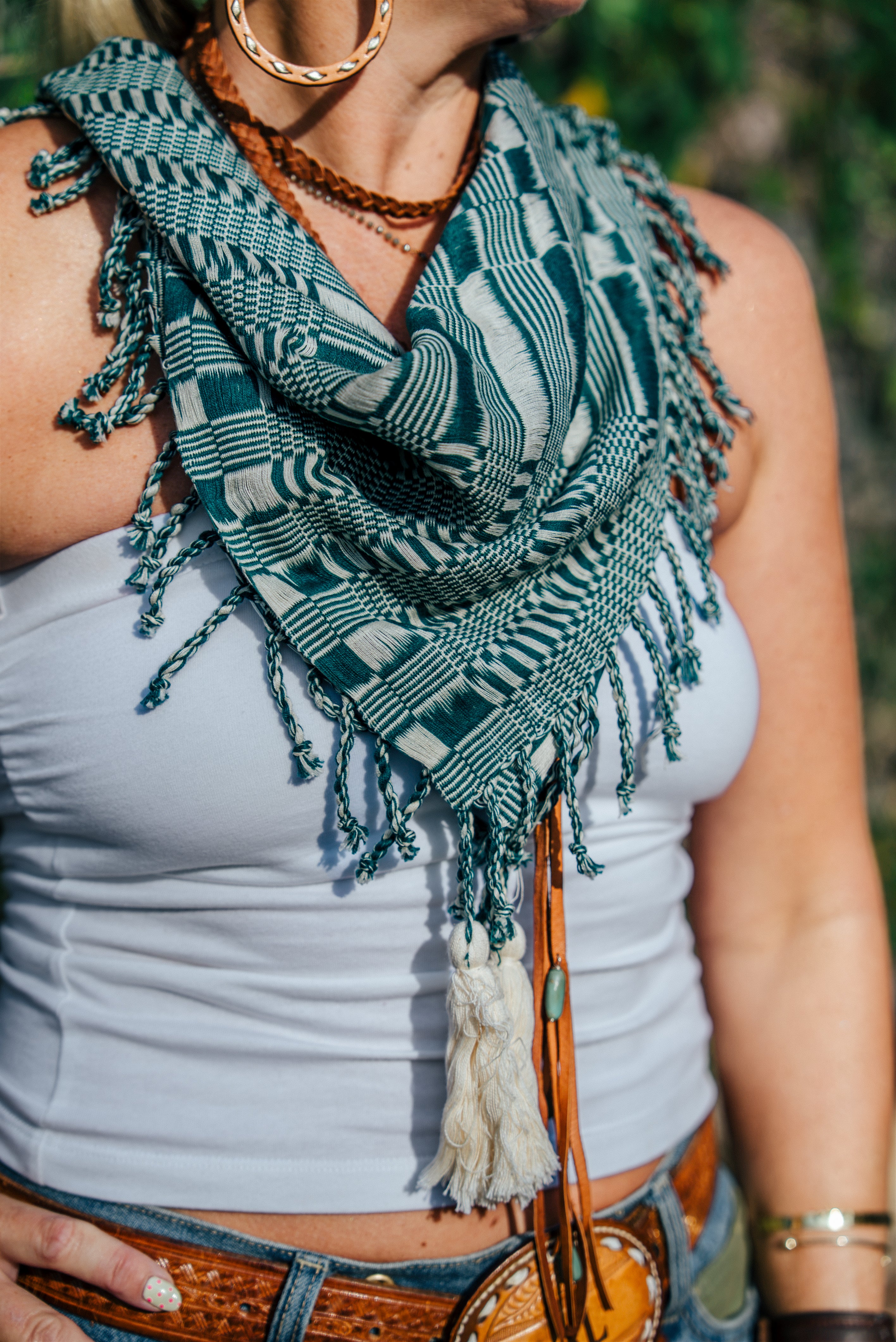 Handwoven Artisan Scarf | Forest Green & Ivory