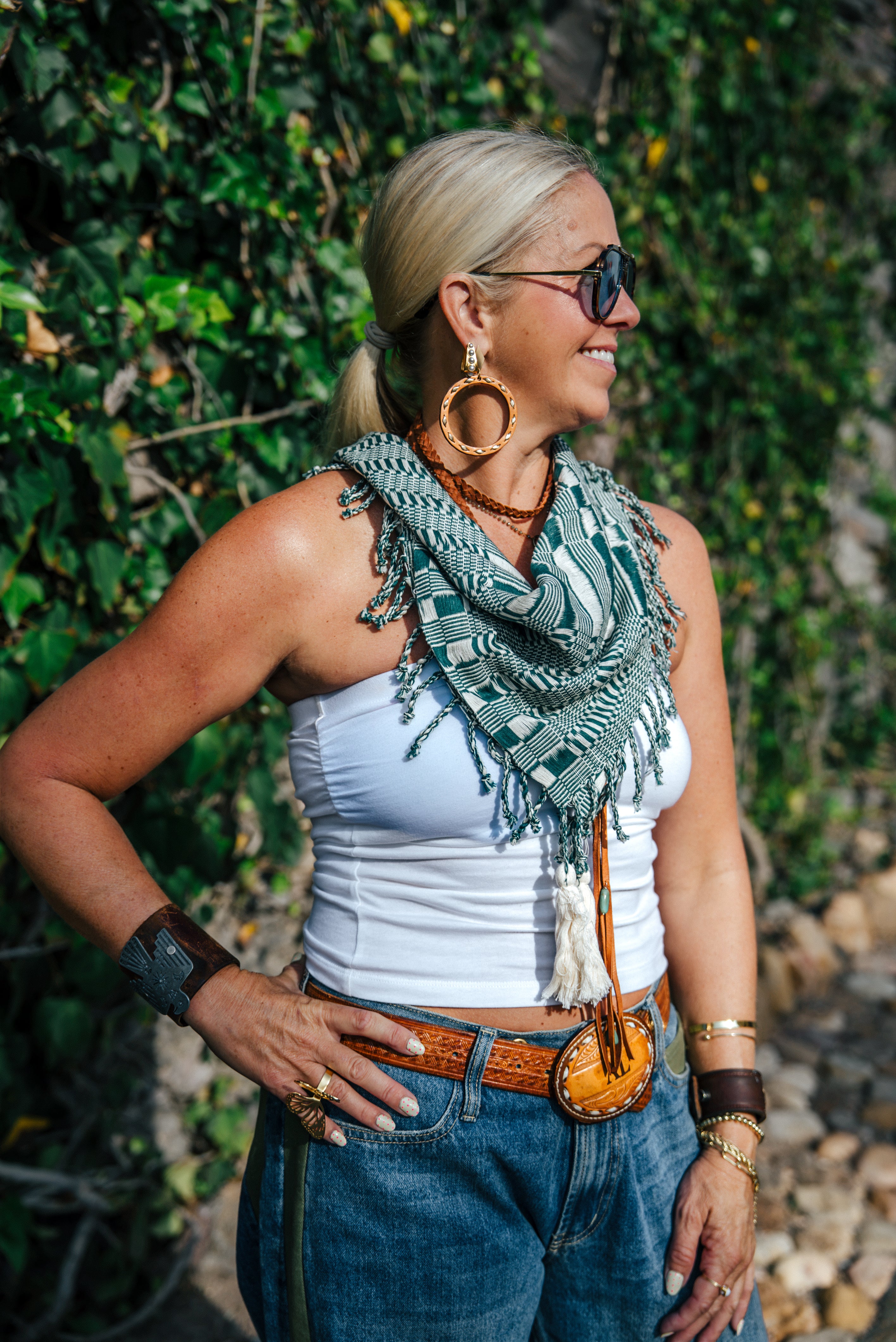 Handwoven Artisan Scarf | Forest Green & Ivory