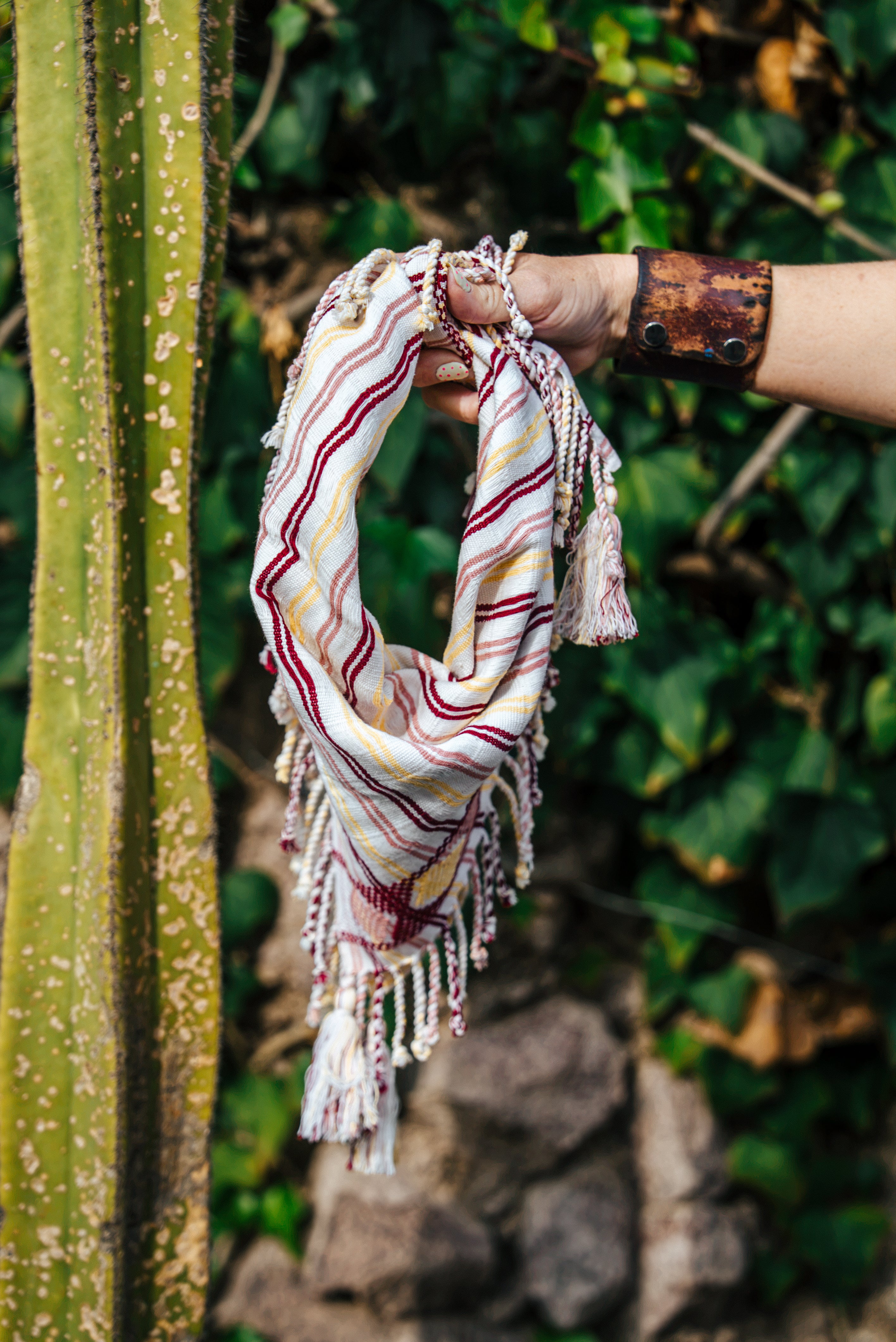 Handwoven Artisan Scarf | Ivory, Red & Golden Yellow