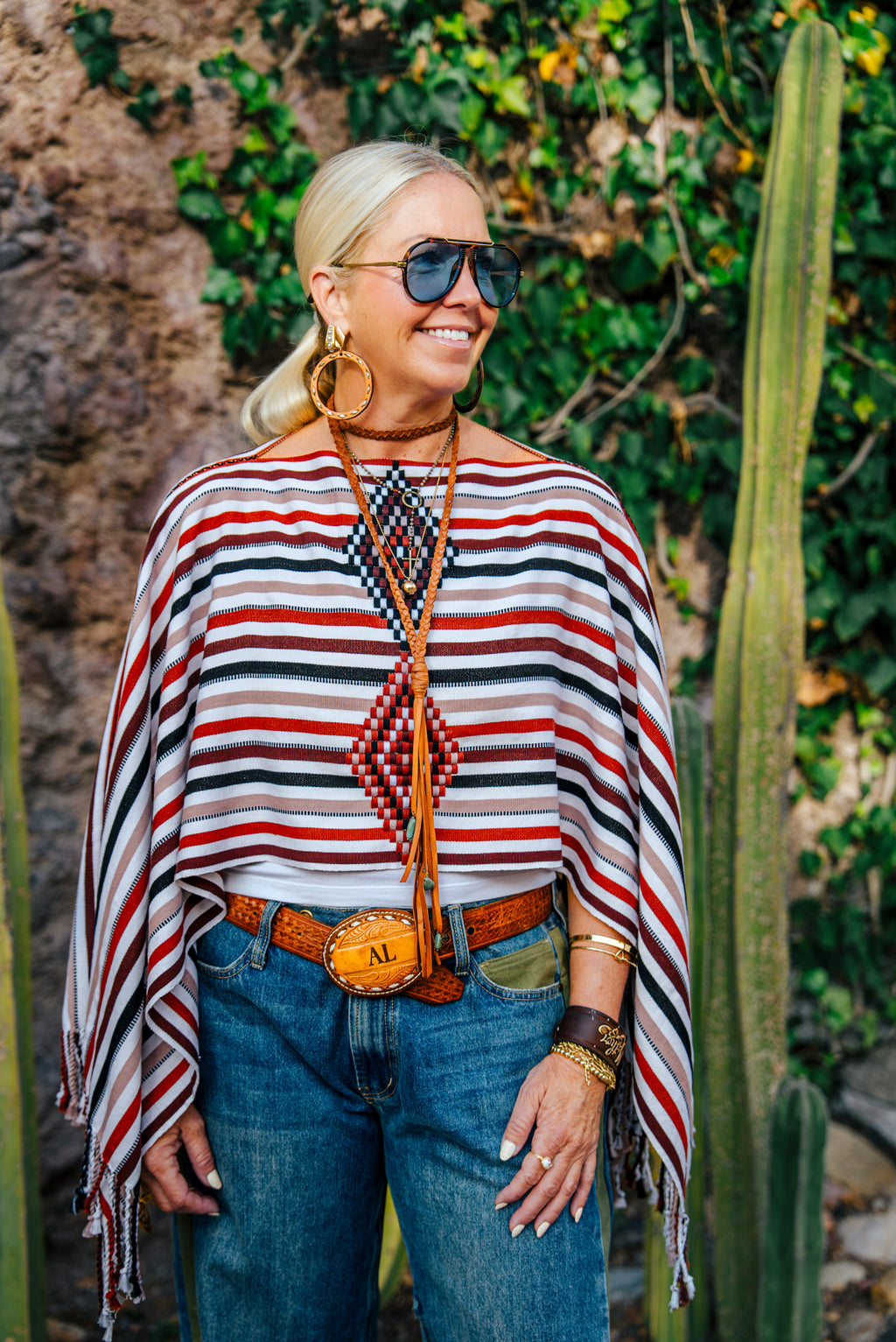 Handwoven Striped Poncho | Rust, Black & Natural